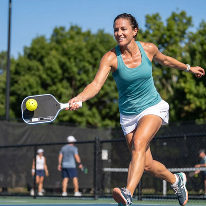  femme de 40 ans  frappant une balle de pickleball