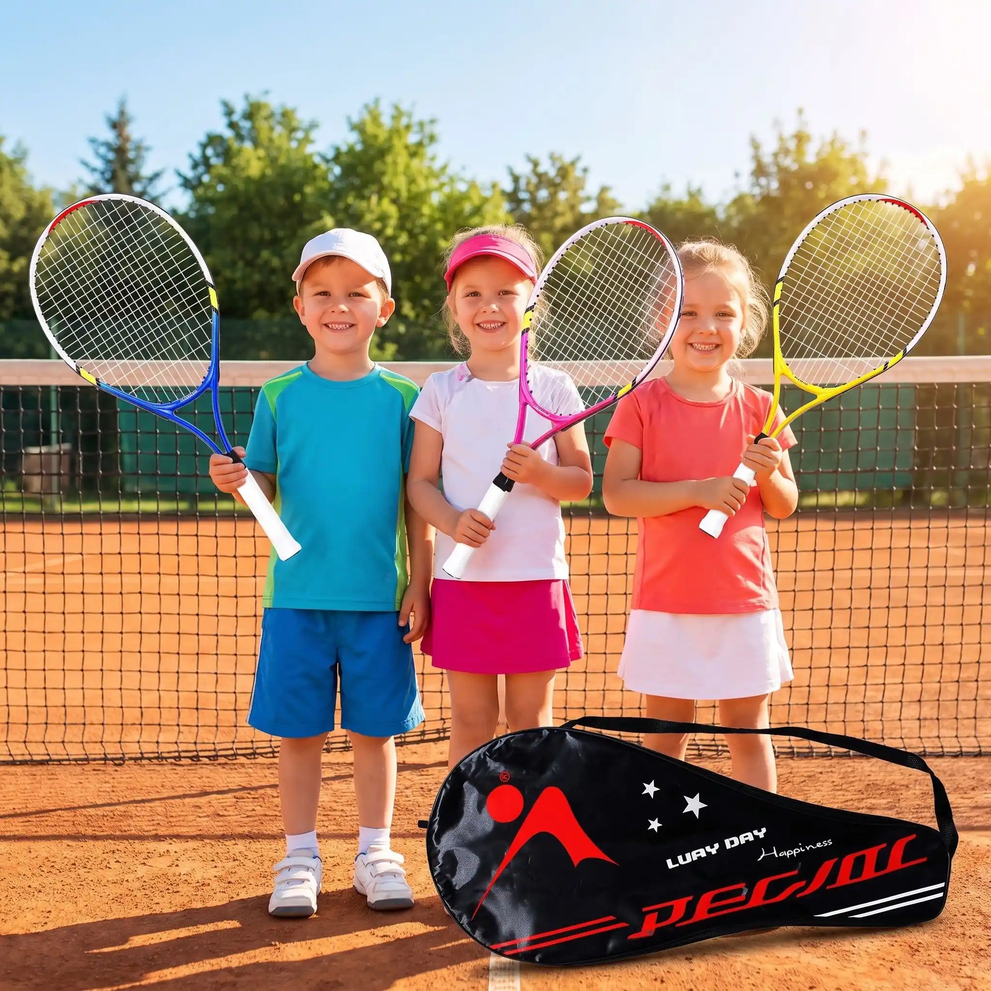 3 enfats montrant leur raquette avec fierté